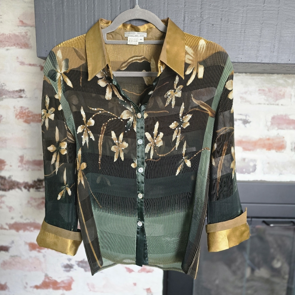 Alberto Makali Gold and Brown Pleated Blouse